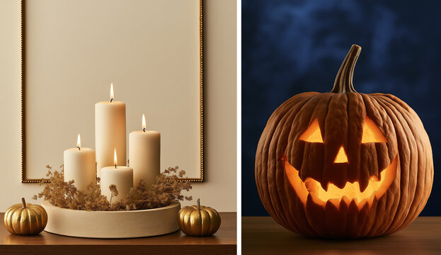 this split screen image combines elegant fall decor with a spooky halloween motif.
