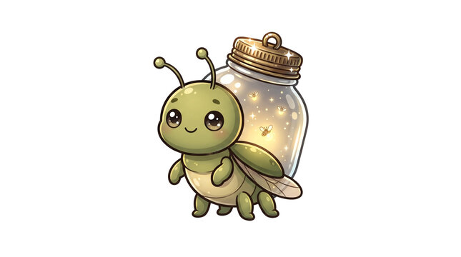 Cute firefly bug carrying glowing jar clipart, adorable cartoon lightning bug character isolated on white, whimsical glowing insect illustration