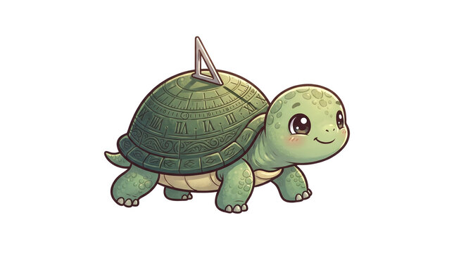 Cute cartoon turtle with sundial shell design, whimsical green tortoise illustration, adorable animal mascot isolated on white background