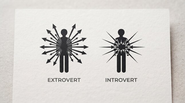 A clean, minimalist vector infographic illustration comparing extrovert and introvert personality traits using stick figure icons