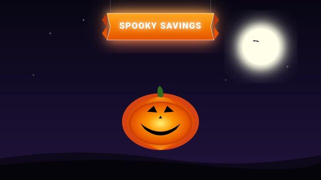 Spooky savings halloween sale animation featuring glowing orange jack o lantern pumpkin under full moon video footage