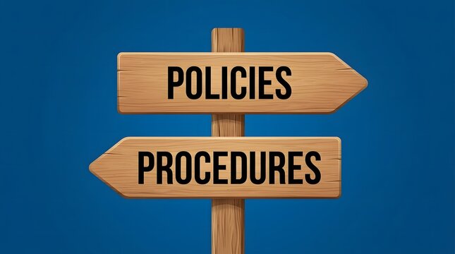 Rustic wooden directional signposts displaying policies and procedures text against a solid blue background, corporate standards and rules visual concept.