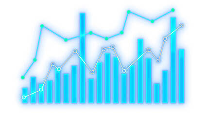 Obraz premium Glowing blue business chart with rising bars and trend lines, showing financial growth, analytics, investment progress and digital data on a transparent background