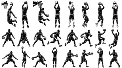 Basketball Player Vector Collection Featuring Athletic Men Dribbling Shooting and Dunking Black and White Sport Illustrations Set Isolated on White Background for Graphic Design and Apparel. © Ayong