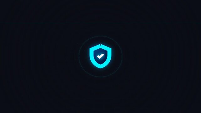 Glowing neon shield icon with check mark representing digital protection and cybersecurity safety concept.