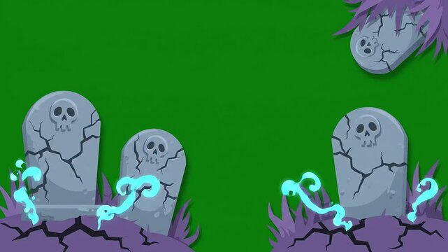 Spooky halloween graveyard background animation with scary tombstones and glowing ghost spirits rising from cracked ground for holiday video editing projects