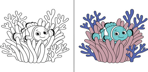 Fototapeta premium Clownfish peeking from anemone in simple flat illustration style with coloring outline