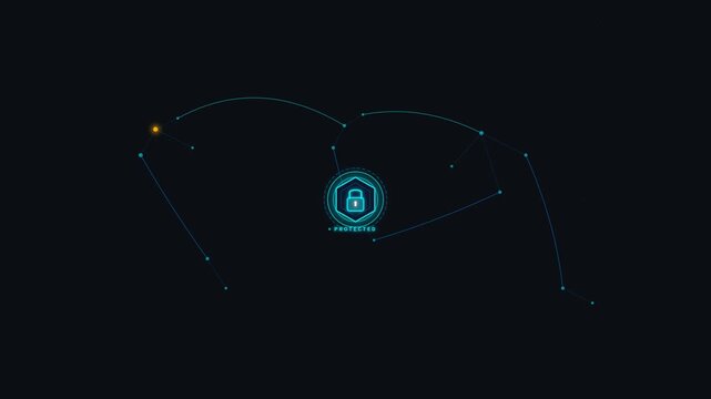 Digital cybersecurity protection interface with glowing network lines and security lock symbol motion video footage