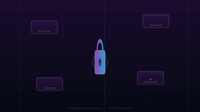 Cybersecurity padlocks glowing neon interface safeguarding digital data streams within advanced secure computing network video animation