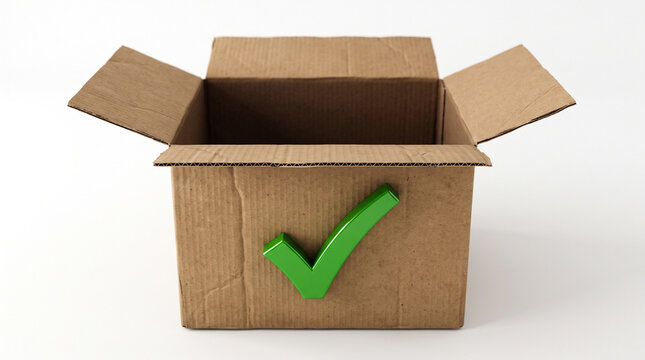 Open cardboard box with a green check mark symbol on the front isolated on white background