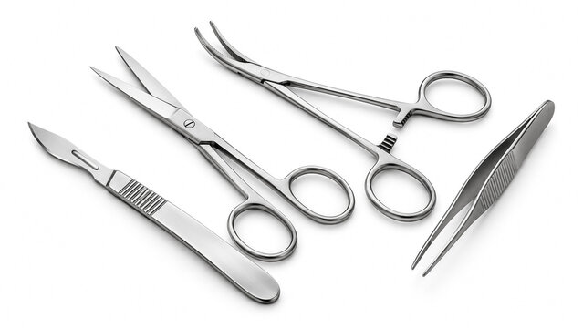 Surgical instruments set including scalpel scissors forceps and tweezers isolated on white background.