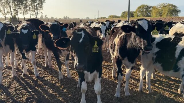 Curious Holstein heifers with yellow ear tags crowding toward the camera in a dry paddock at golden hour on an Australian dairy farm