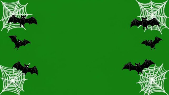 Halloween green background animation with flying black bats and white spider webs spooky motion graphic visual loop for seasonal party design and holiday celebration