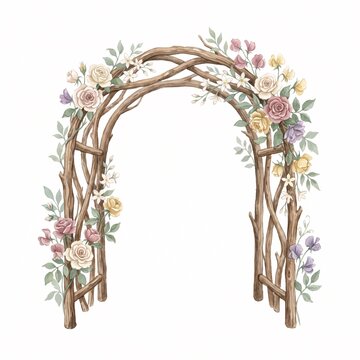Watercolor Rustic Wooden Garden Arch with Pastel Flowers