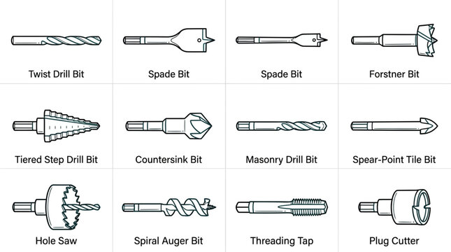 Collection of various drill bit types icons including spade, forstner and masonry bits, perfect for hardware store catalogs, woodworking tutorials and industrial equipment manuals