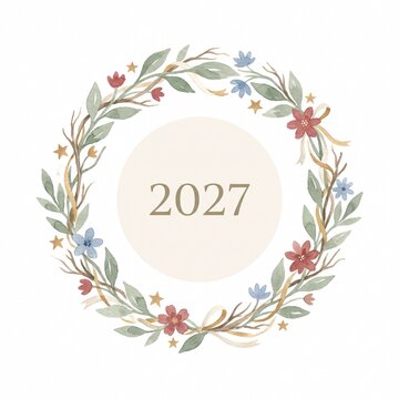 Watercolor New Year Floral Wreath Greeting Card