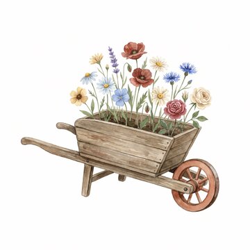 Watercolor Garden Wheelbarrow with Colorful Wildflowers