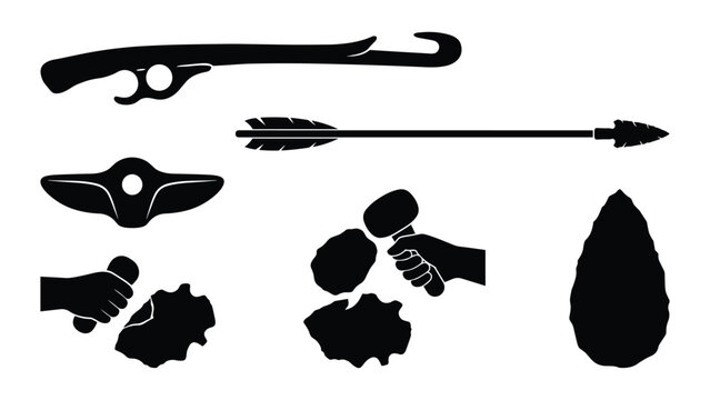 Collection of ancient stone age tool silhouettes including a spear, arrow, hand axe, and primitive cutting implements in black