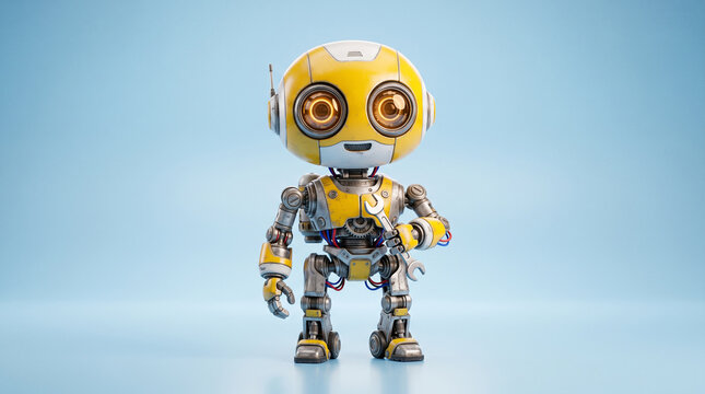 Cute small yellow robot character holding a wrench, standing against a soft blue background, 3d rendered illustration