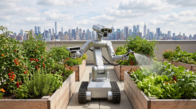 A robotic gardener watering a lush rooftop vegetable garden with a city skyline in the background