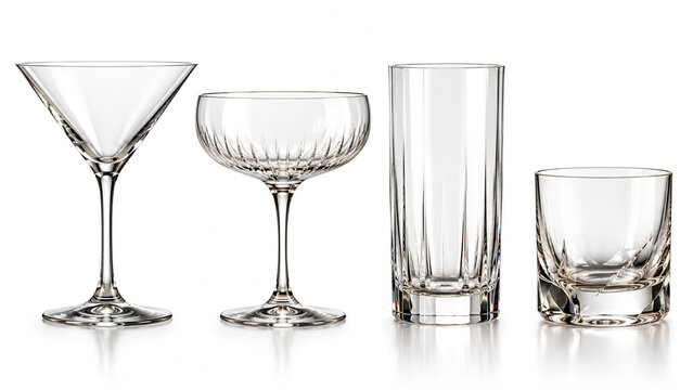 Collection of clear crystal glassware including martini glass champagne coupe highball and tumbler.