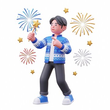 3D Cartoon Man Character Celebrating New Year with Sparklers and Fireworks