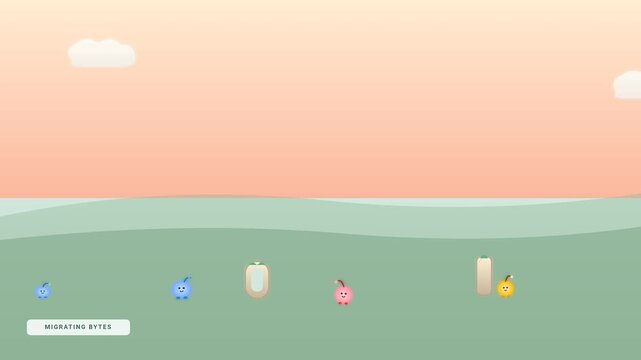 Cute colorful glowing animated characters walking together across a digital green landscape in this motion graphics loop video