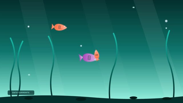 Cute cartoon fish swimming underwater in deep green ocean animation footage for motion graphics project