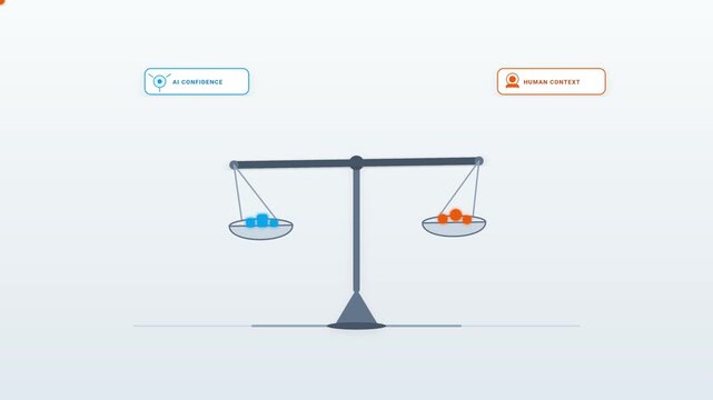 Balance scale comparing artificial intelligence confidence and human context metrics in digital motion animation footage