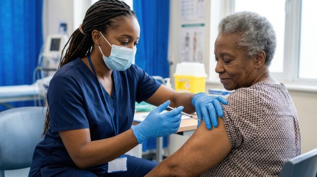 Nurse Administering COVID 19 Vaccine to Elderly Woman in Clinic