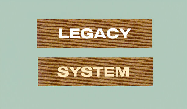 Wooden Texture Conceptual Sign Displaying Legacy System Phrase Representing Outdated Technology or Traditional Software Infrastructure on Gray Background