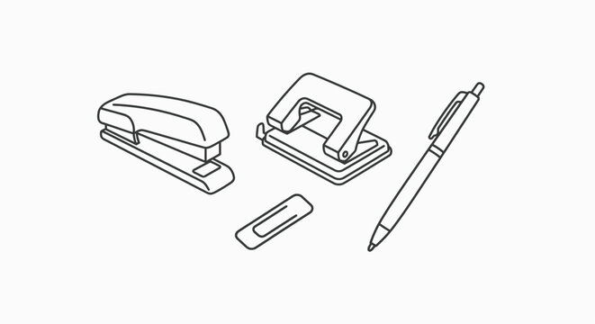 Stationery set including stapler hole punch paperclip and pen in line style