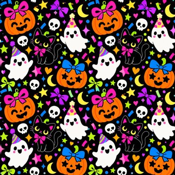 Bright Cute Halloween Seamless Pattern with Ghosts Pumpkins Skulls Bones and Candy