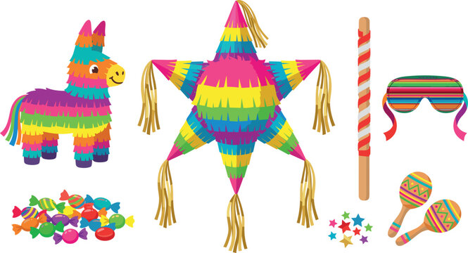Mexican Pinata Fiesta Vector Element Set Featuring Colorful Star And Donkey Pinatas Blindfold Stick Maracas Candy And Stars For Birthday Party Designs