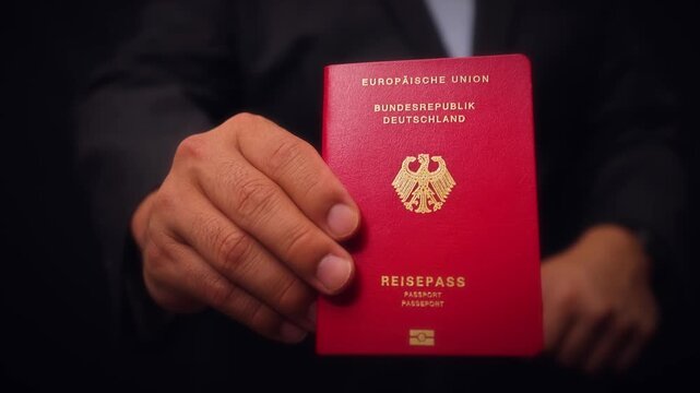 German Passport Held In Hand Close Up