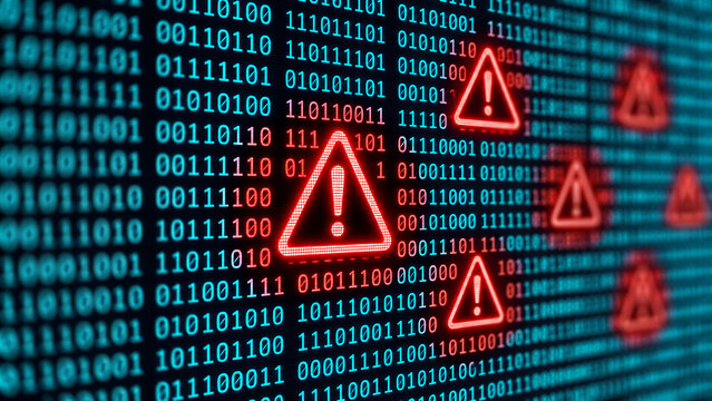 Red cybersecurity warning triangles over glowing binary code visualizing malware attack and digital data breach vulnerability