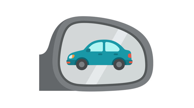 Rearview mirror reflecting a teal sedan flat vector illustration
