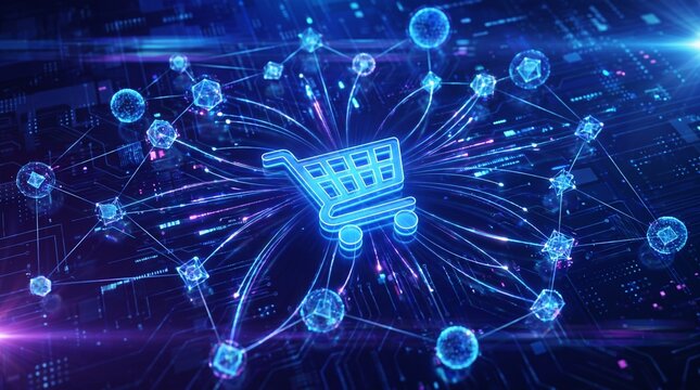 Digital Shopping Cart Network Connected to Global Icons.
