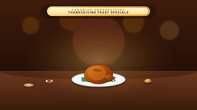 Thanksgiving feast dinner animation clip featuring roasted turkey dinner table setup with holiday food graphics