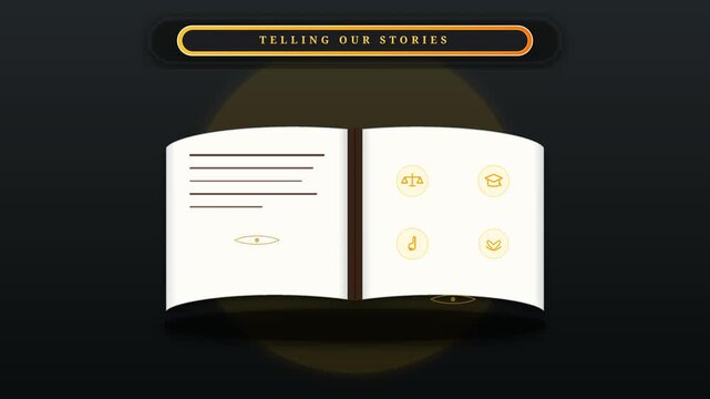 Open storybook animation showing glowing icon pages and text lines with dark background video footage