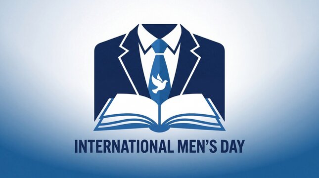 Image is a stylized graphic design featuring a blue and white color scheme. It depicts an abstract representation of a suit and tie, with the suit jacket and tie forming the upper part of the image. B