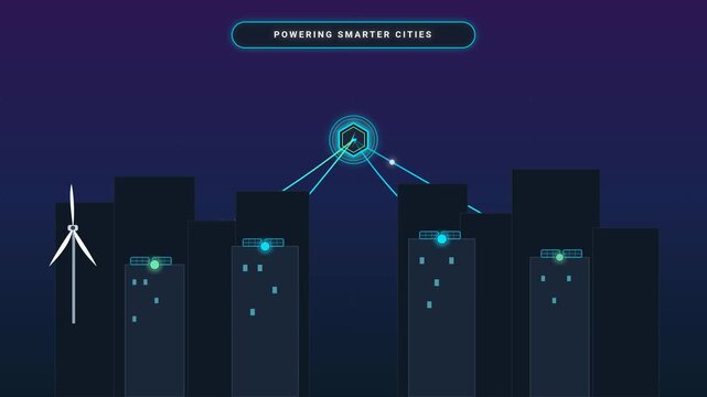 Smart city network animation showing glowing data nodes connecting modern buildings with sustainable wind energy technology