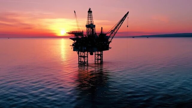 Aerial video of an offshore oil rig at sunset, capturing a serene ocean view and vibrant sky.