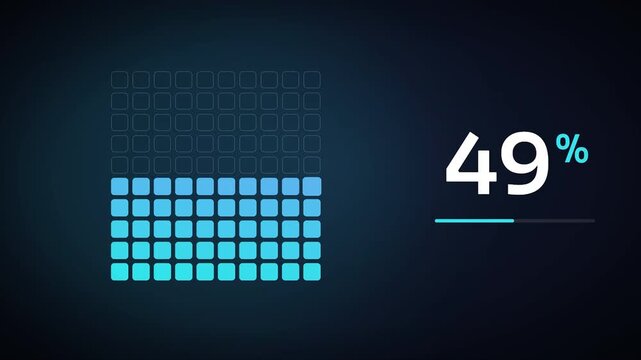 Cyan Blue Square Grid Chart Filling to 50 Percent, Waffle Infographic Counter for Business Statistics and Survey Presentations. Seamless Loop