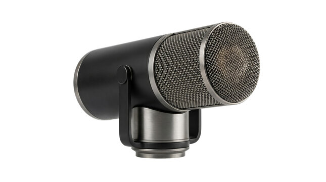Professional studio dynamic microphone, black metal podcast condenser mic, modern broadcast recording equipment for voiceover and streaming isolated on Transparent Background