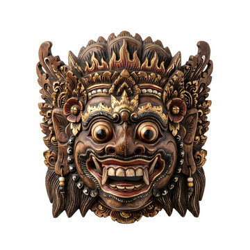 Ornate carved wooden mask with gold accents on transparent background