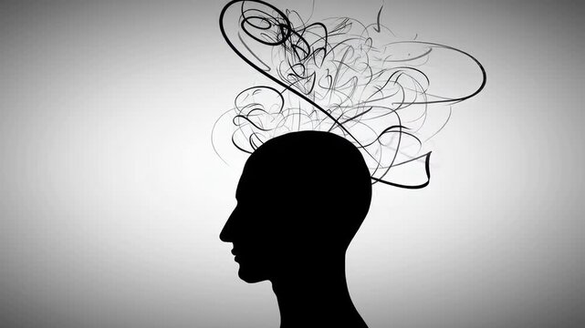 Silhouette of a head with swirling lines, side angle. Conceptual video of thoughts. Live desktop wallpaper.