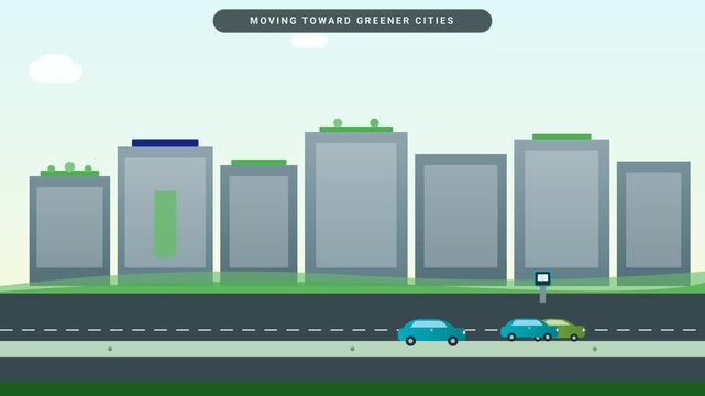 Animated video footage showing electric vehicles driving past modern green urban buildings with eco-friendly infrastructure
