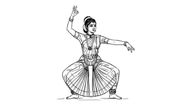 Line drawing vector of an Indian classical dancer in Bharatanatyam aramandi pose with hand mudra, temple jewelry and pleated costume