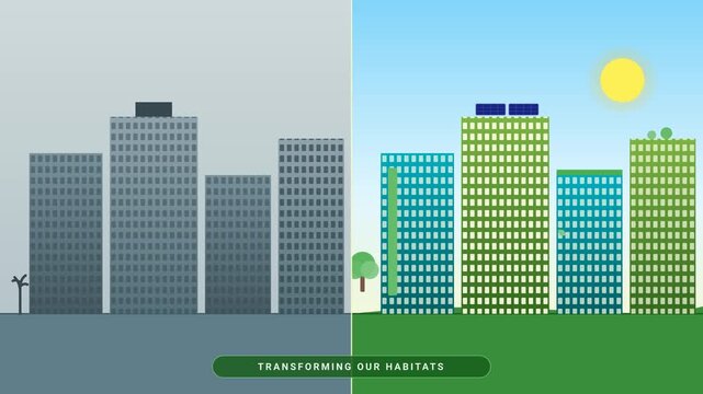 Sustainable city transition animation contrasting gray polluted urban development with green ecological future solar energy video clip